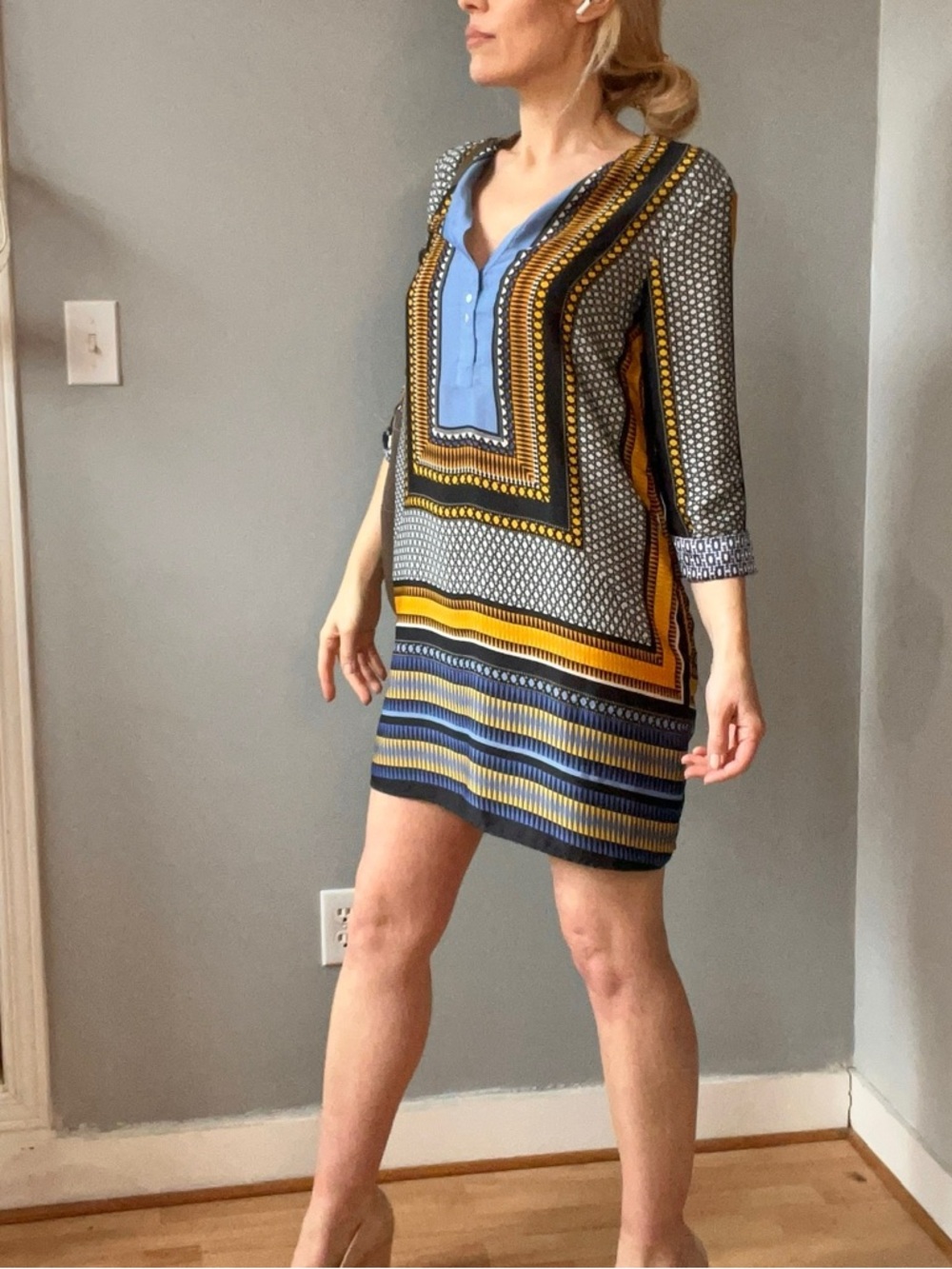 Zara sky Blue and Mustard yellow Geometric Mini Dress